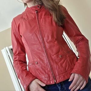 Danier Red Leather Moto Jacket with Stand Snap Collar